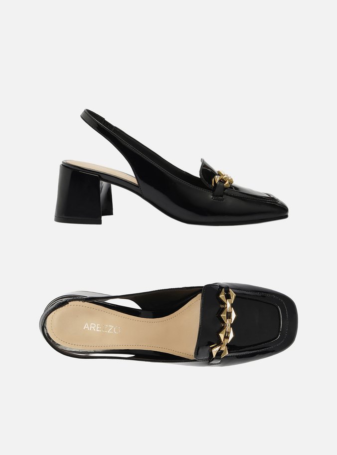 Loafer Preto Verniz Salto Bloco Metal Triângulo