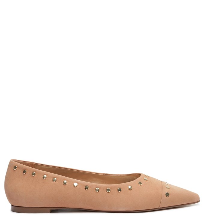 Sapatilha Bege Nobuck Bico Fino Tachas