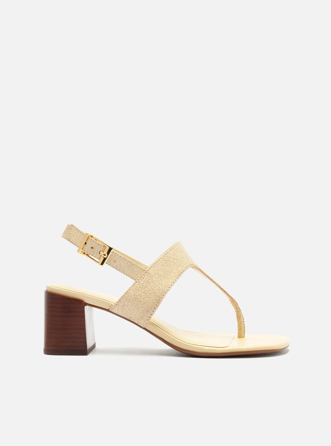 Sandália Off-White Couro Salto Bloco Tira Larga Fivela