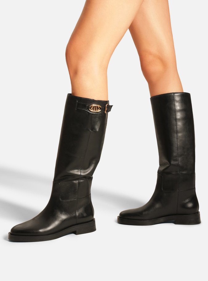 Bota Preta Couro Cano Longo Montaria Metal