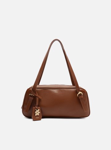 Bolsa Bowling Marrom Couro Média Metal Flor