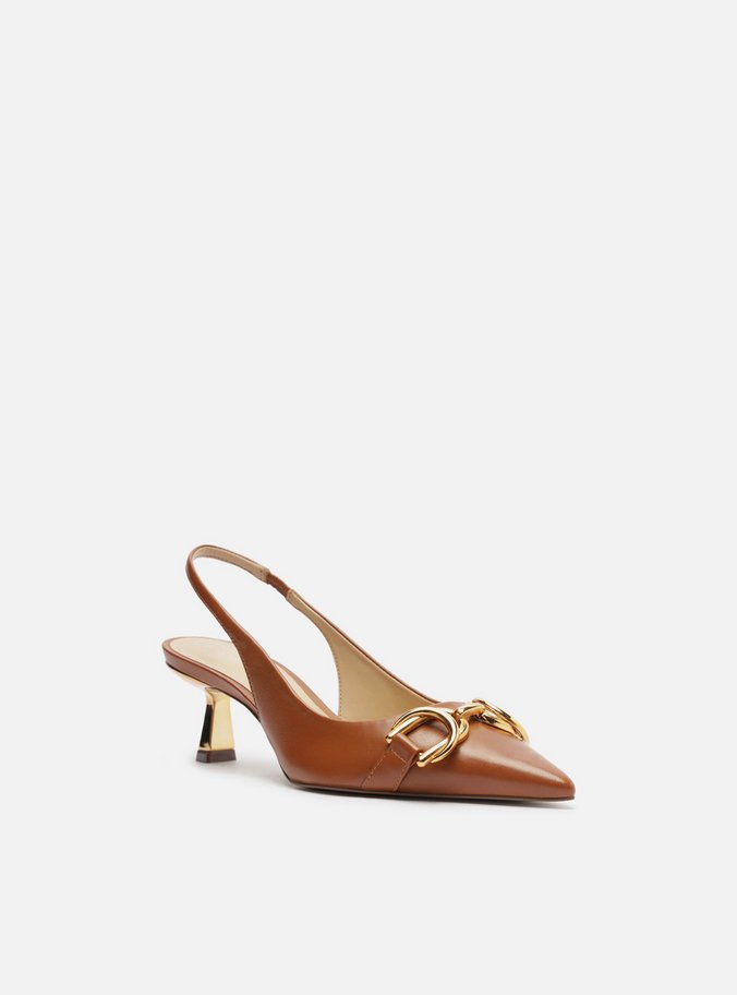 Scarpin Marrom Couro Bico Fino Slingback Bridão