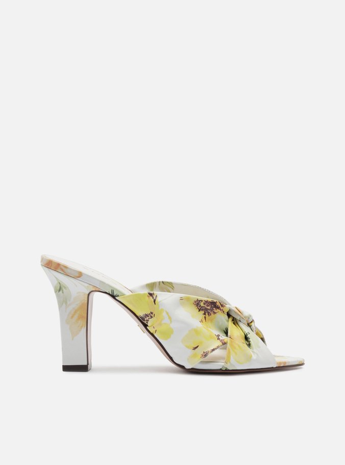 Sandália Mule Estampa Floral Couro Salto Bloco Tiras