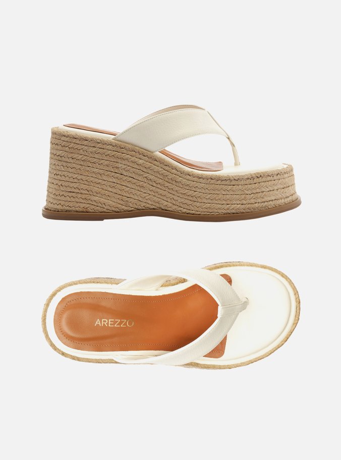 Sandália Branca Couro Plataforma Palha Flip Flop