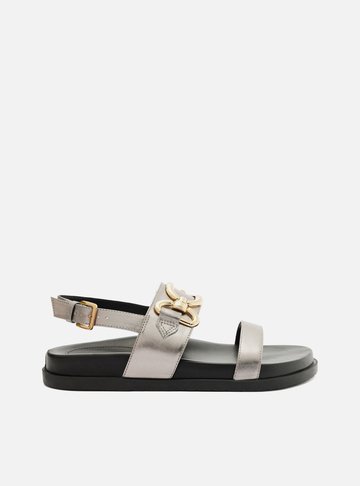 Sandália Rasteira Prata Couro Flatform Metal