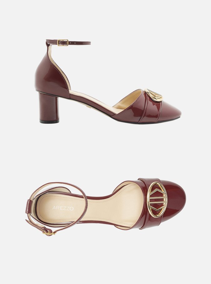 Scarpin Vermelho Verniz Salto Bloco Aberto Metal
