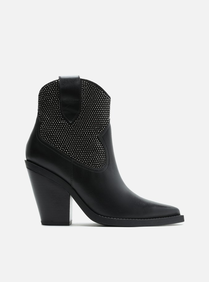 Bota Preta Couro Cano Curto Bloco Strass Western