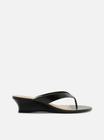Tamanco Preto Couro Salto Anabela Flip Flop