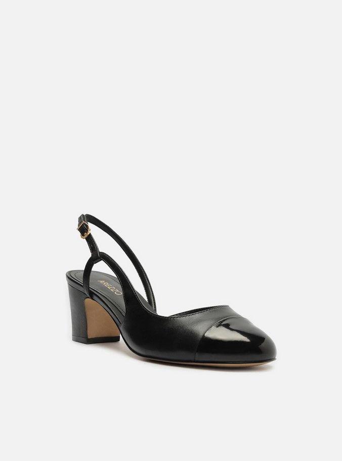 Scarpin Preto Couro Bico Redondo Cap Toe
