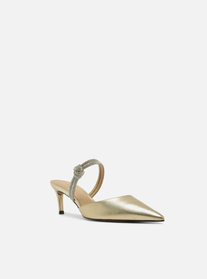 Scarpin Dourado Couro Aberto Tiras Strass