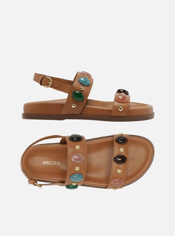 Sandália Papete Marrom Couro Pedras Boho