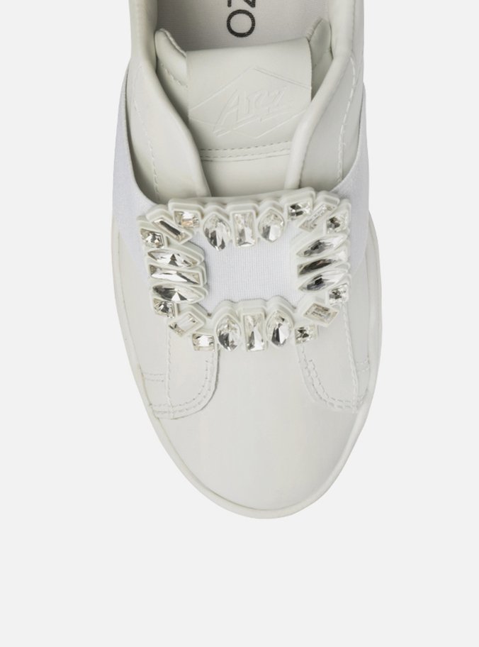 Tênis Slip On Branco Couro Pedraria