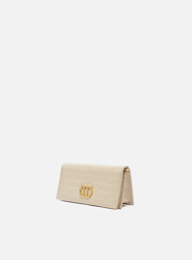 Clutch Branca Couro Croco Pequena Metal