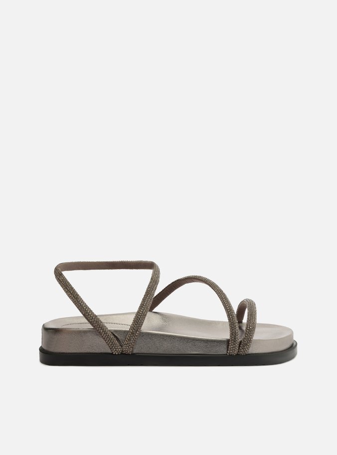 Sandália Papete Prata Strass Tira Curva