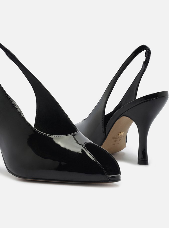 Peep Toe Preto Verniz Salto Alto Slingback
