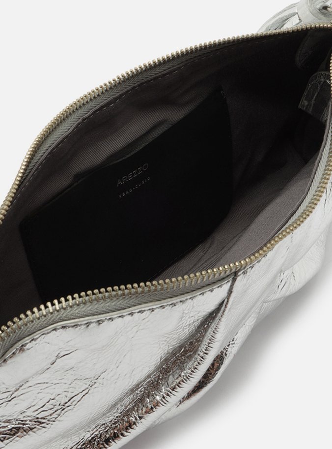 Bolsa Shoulder Prata Couro Grande Franzida