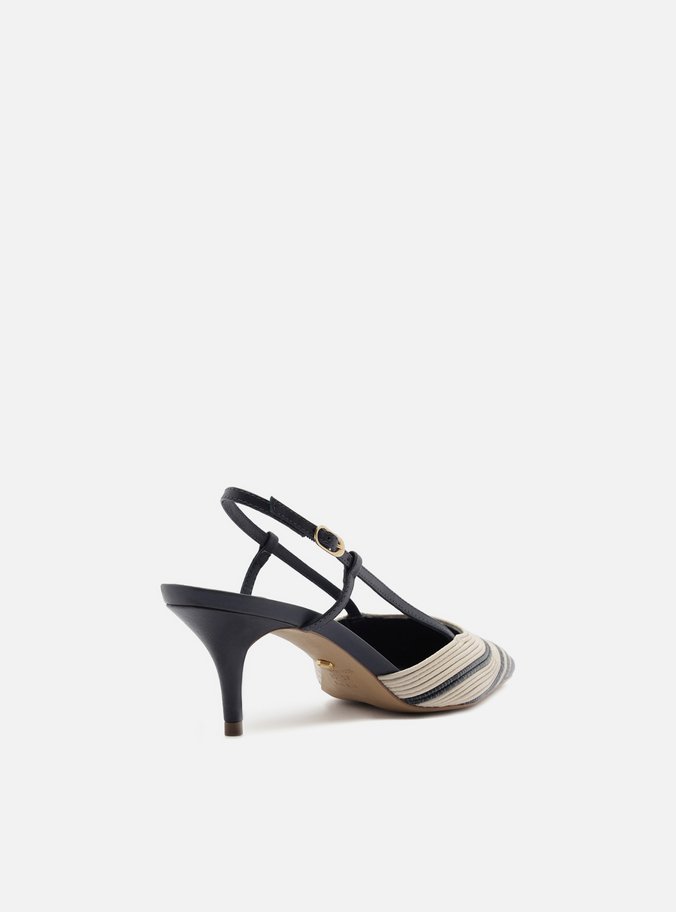 Scarpin Azul Couro Salto Baixo Slingback Bicolor
