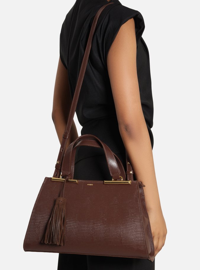 Bolsa Tote Marrom Couro Média Croco Franja
