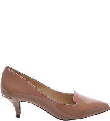 Scarpin Verniz Bico Fino Baixo Fendas Nude Vintage