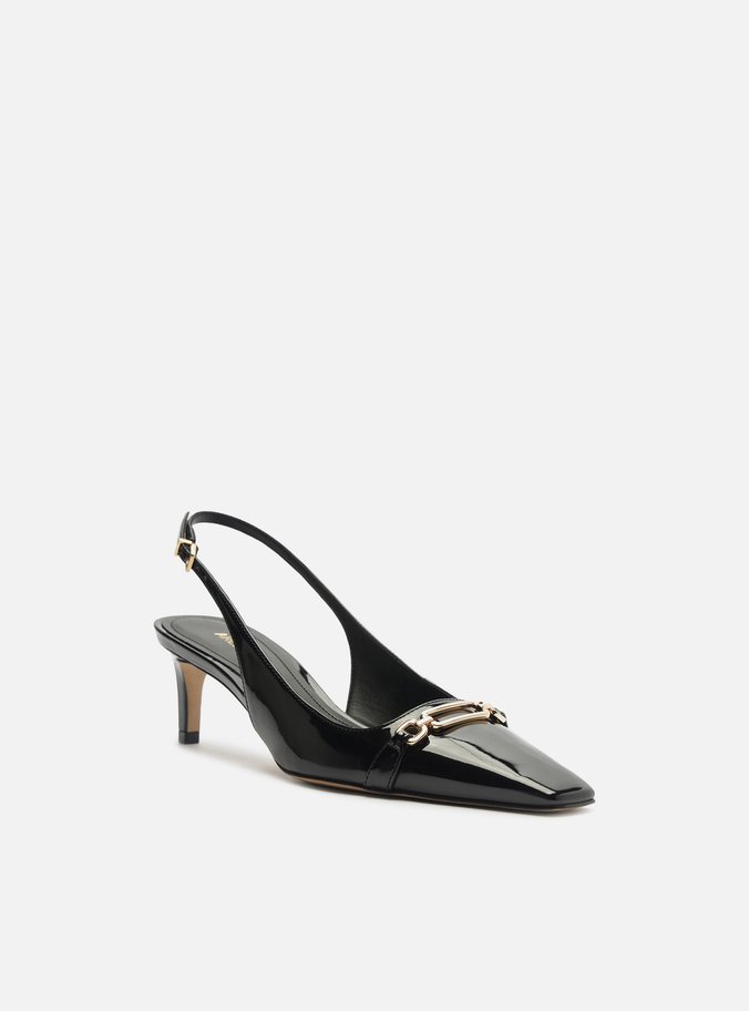 Scarpin Preto Verniz Salto Baixo Slingback Metal