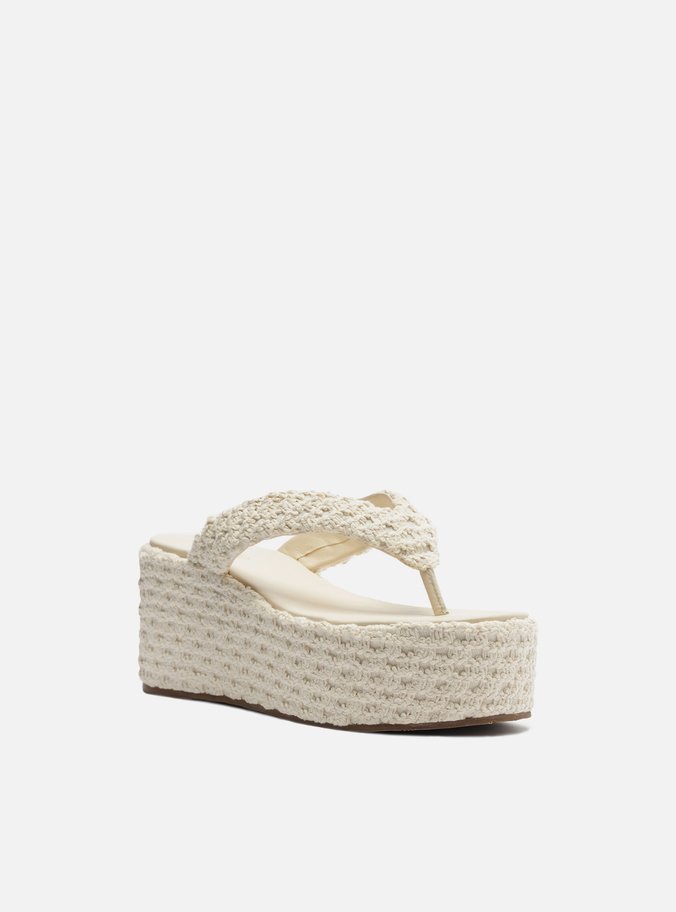 Tamanco Branca Tecido Crochê Flatform Flip Flop