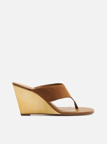 Arezzo — Sandália Marrom Camurça Salto Alto Anabela Tira Thong