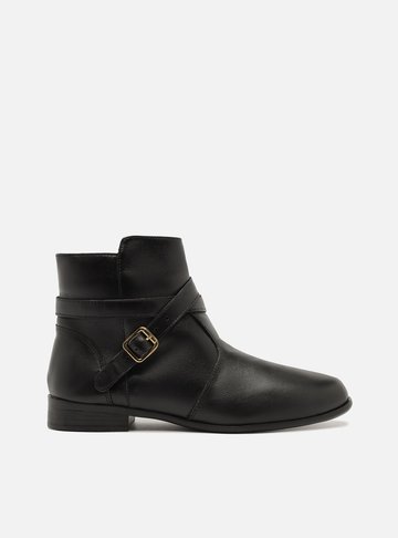 Bota Preta Couro Cano Curto Salto Baixo Tira