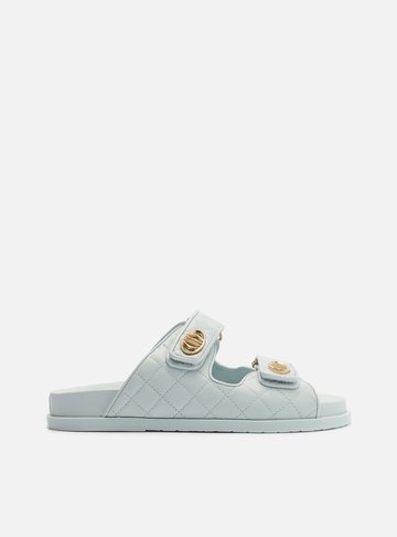 Sandália Rasteira Azul Couro Matelassê Velcro