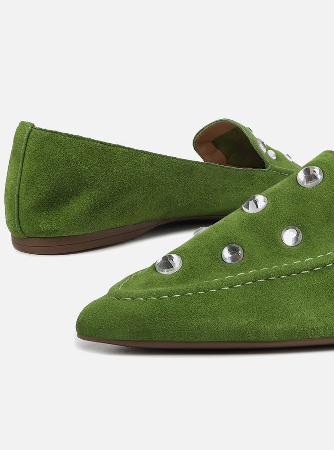 Mocassim Verde Couro Salto Rasteiro Strass