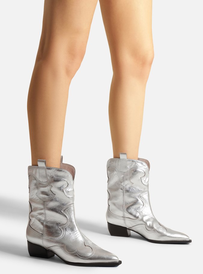 Bota Prata Couro Cano Curto Western Folk
