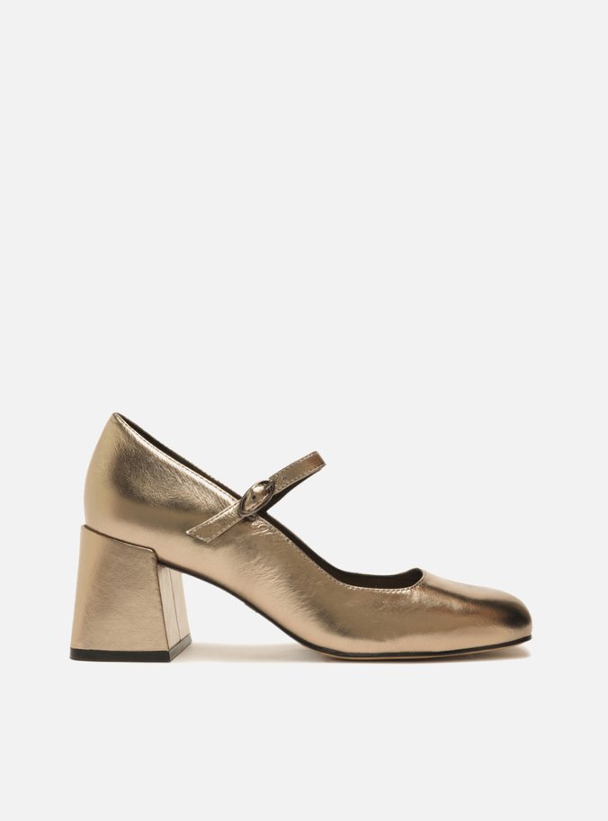 Sapato Boneca Dourado Couro Salto Bloco Tira Fivela