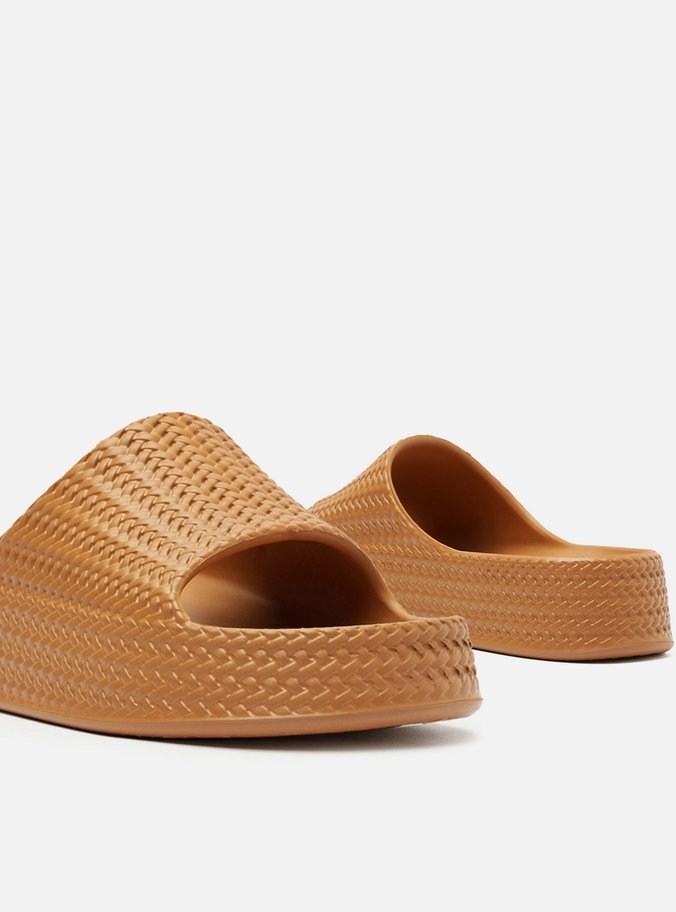 Slide Marrom Camel Tressê Flatform Tira