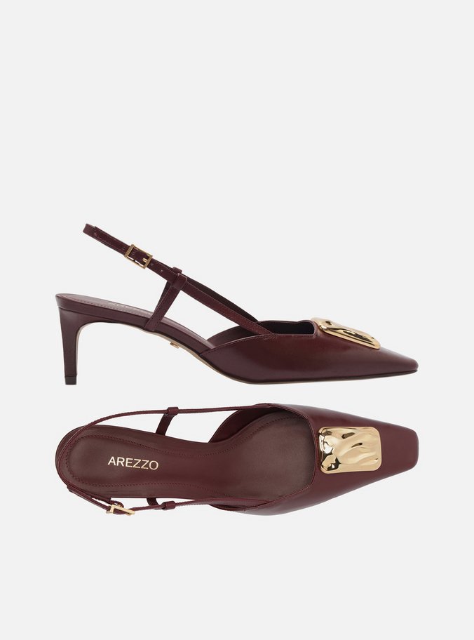 Scarpin Vinho Couro Salto Baixo Slingback Metal