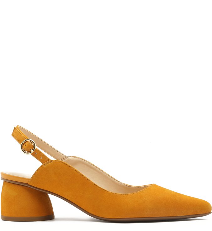 Scarpin Sofia Nobuck Salto Bloco Slingback Mostard