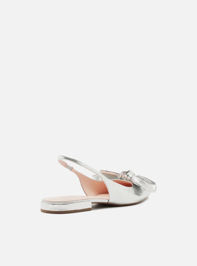 Sapatilha Prata Couro Slingback Laço Pérolas