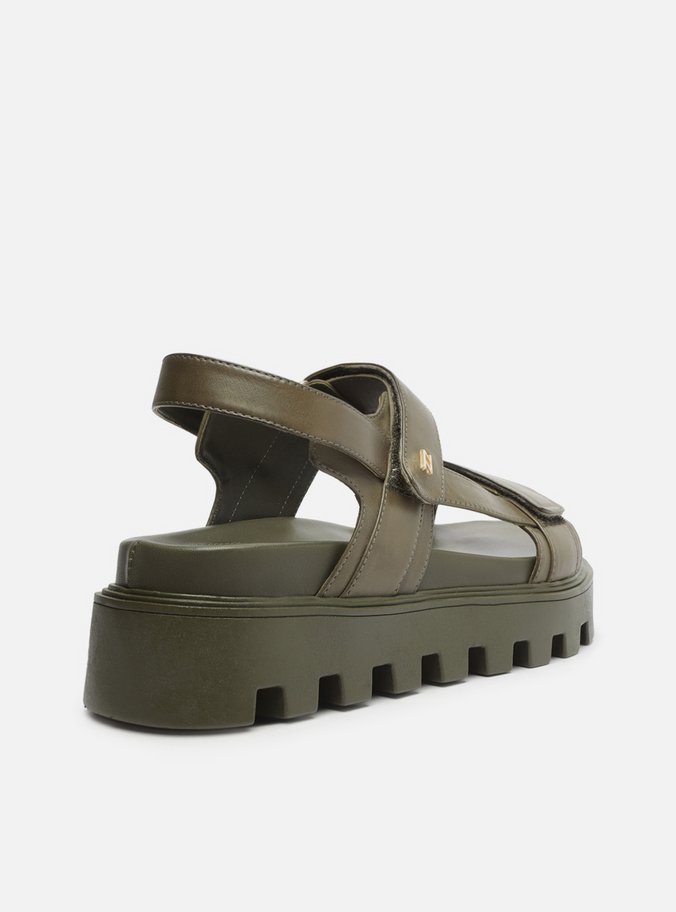 Sandália Papete Verde Couro Flatform Tratorada