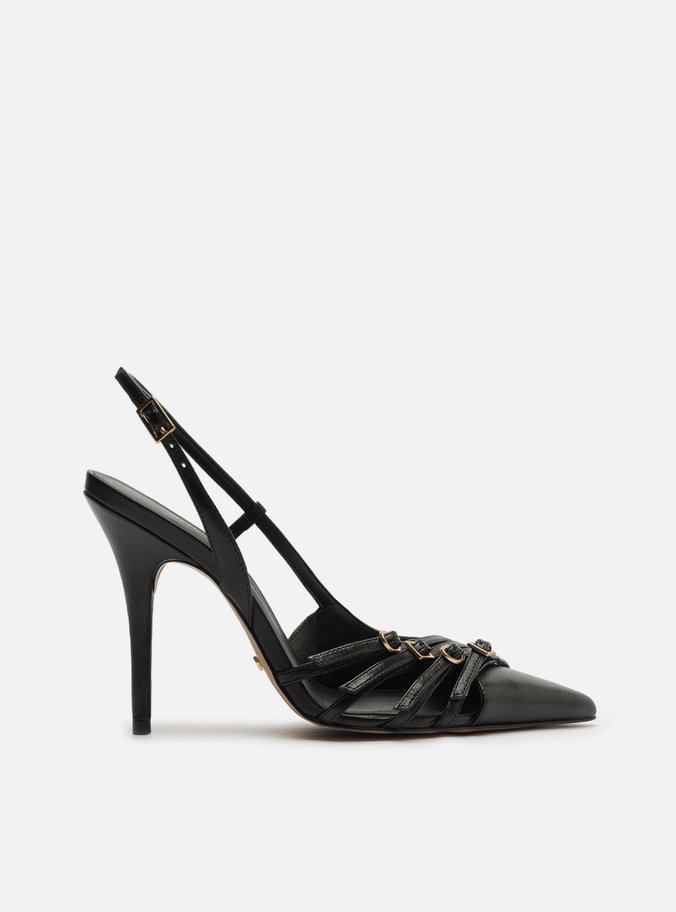 Scarpin Preto Couro Salto Alto Tiras Fivelas
