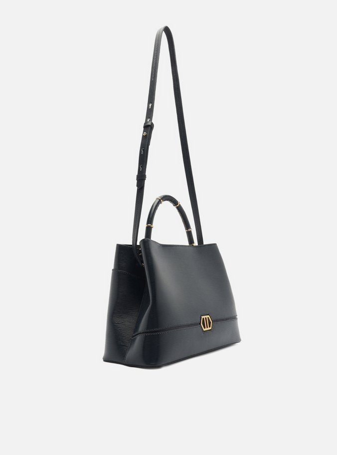 Bolsa Tote Azul Couro Grande Anéis
