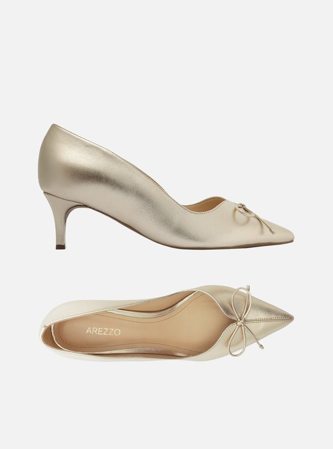 Scarpin Dourado Couro Salto Médio Fino Laço