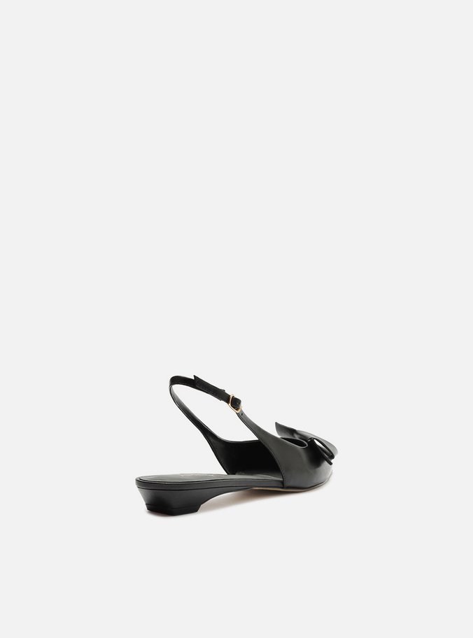 Sapatilha Preta Couro Bico Fino Slingback Laço