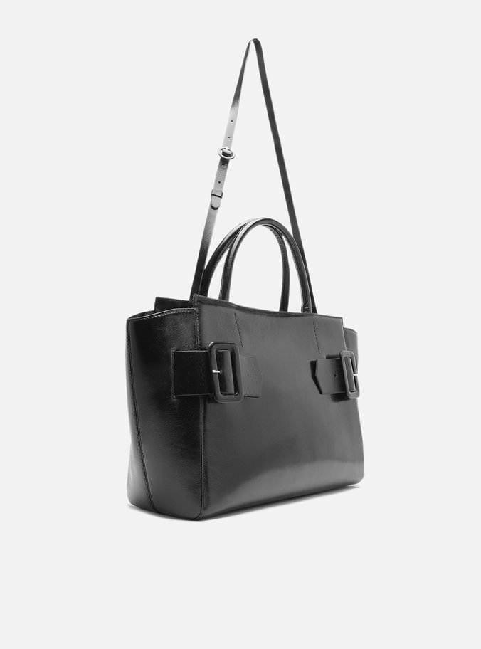 Bolsa Tote Preta Couro Grande Fivelas