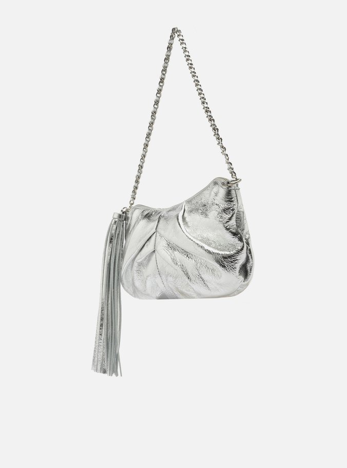 Bolsa Shoulder Prata Couro Grande Franzida
