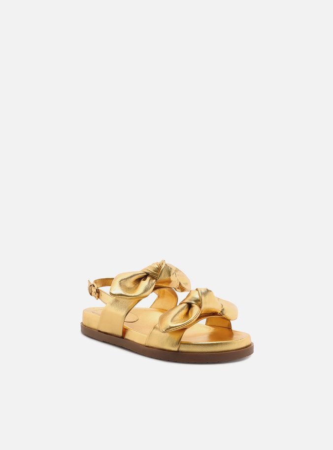 Sandália Rasteira Dourada Couro Flatform Laços
