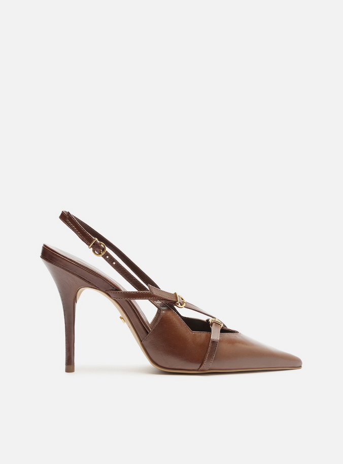 Scarpin Marrom Couro Salto Alto Slingback Amélia