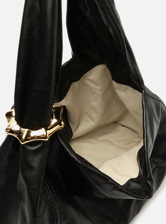Bolsa Hobo Preta Couro Grande Metal