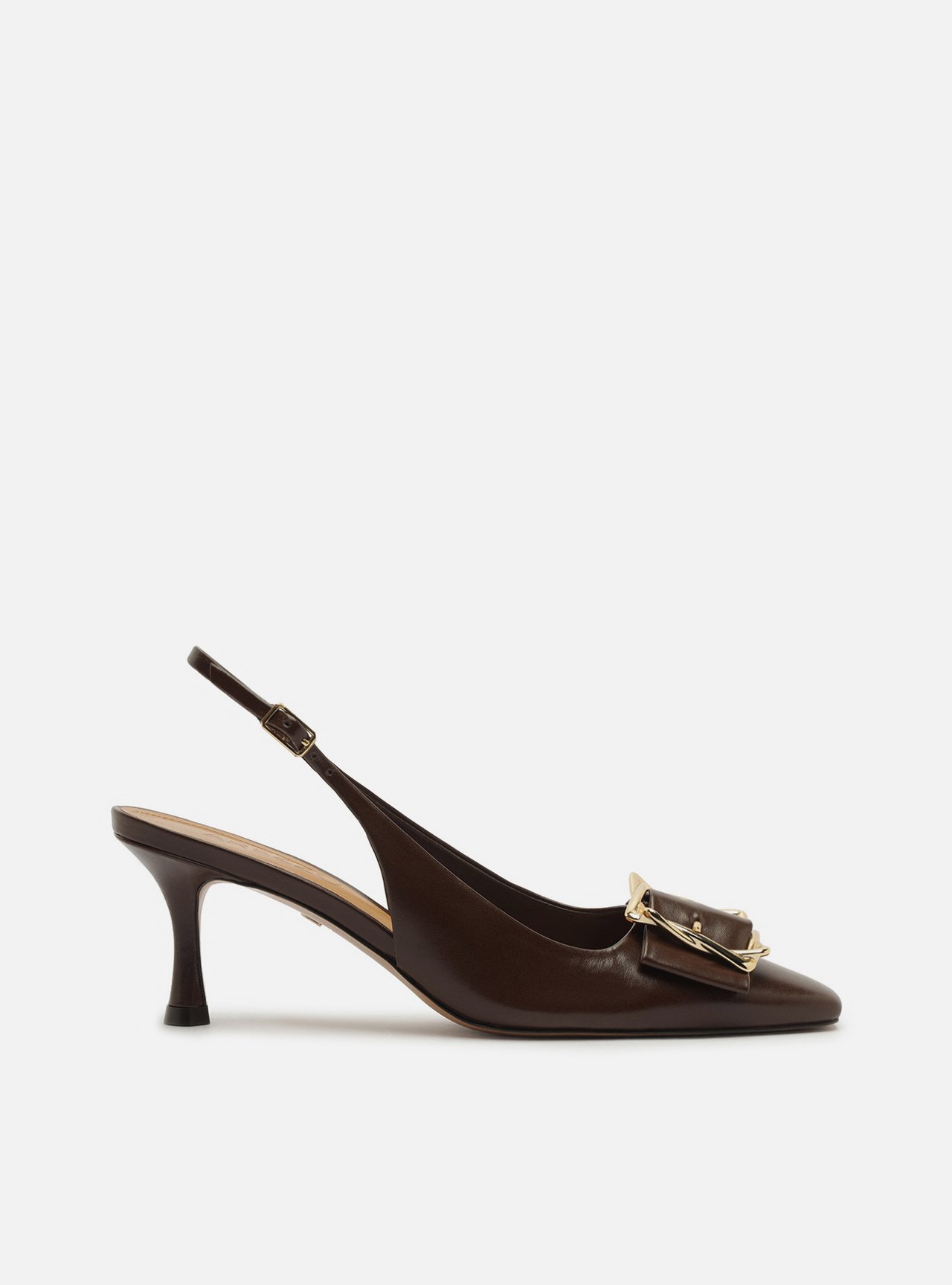 Scarpin Marrom Couro Slingback Salto Médio Fivela — foto 1