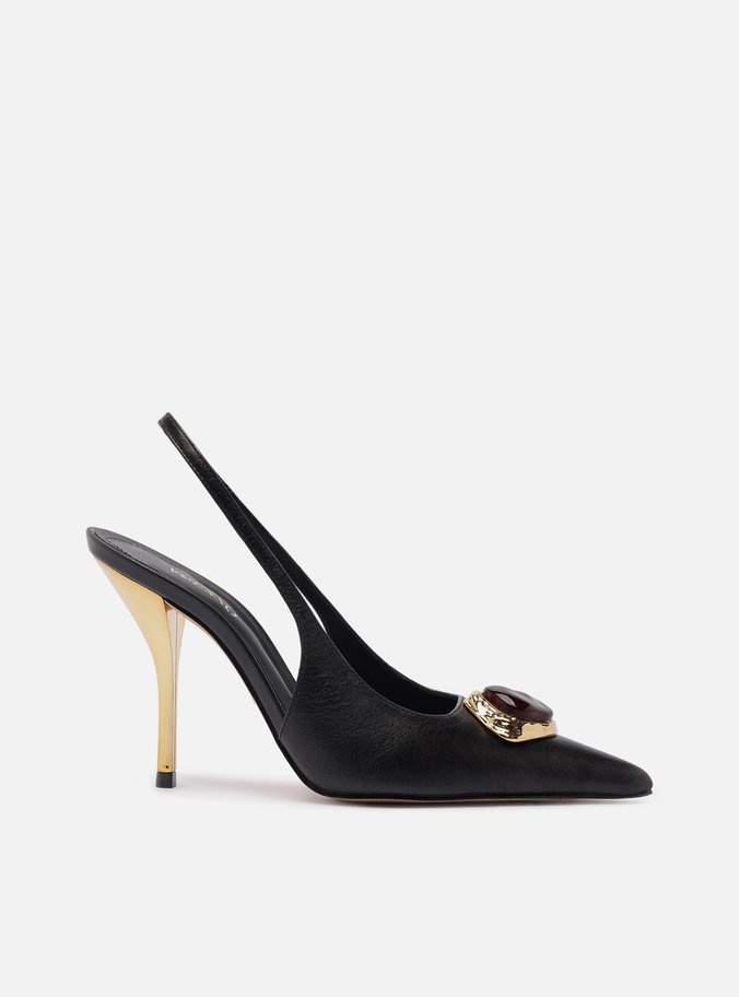 Scarpin Preto Couro Salto Alto Slingback Pedraria