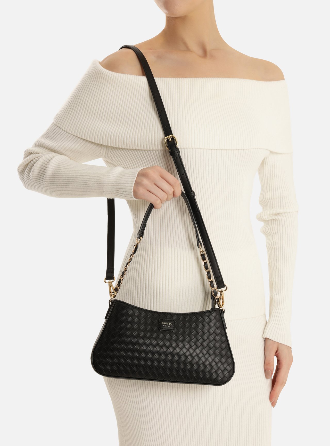 Bolsa Shoulder Preta Média Tressê Corrente — foto 6