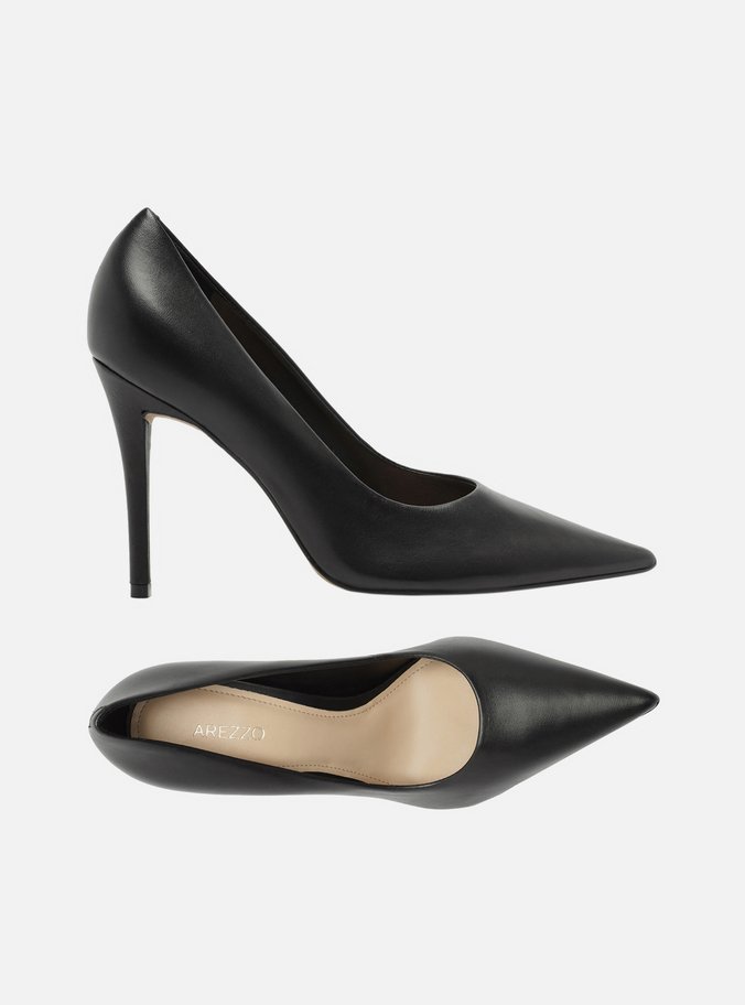 Scarpin Preto Couro Salto Alto Fino Bico Fino