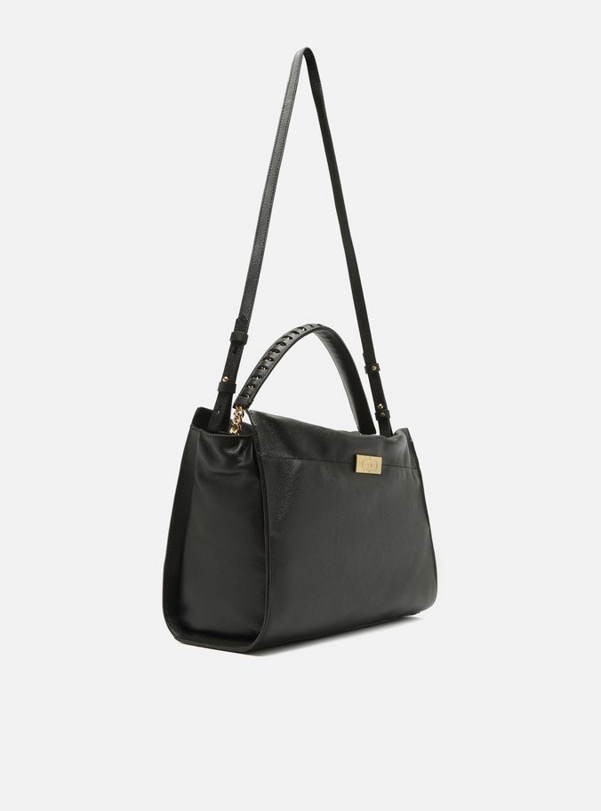 Bolsa Tote Preta Couro Grande Metal